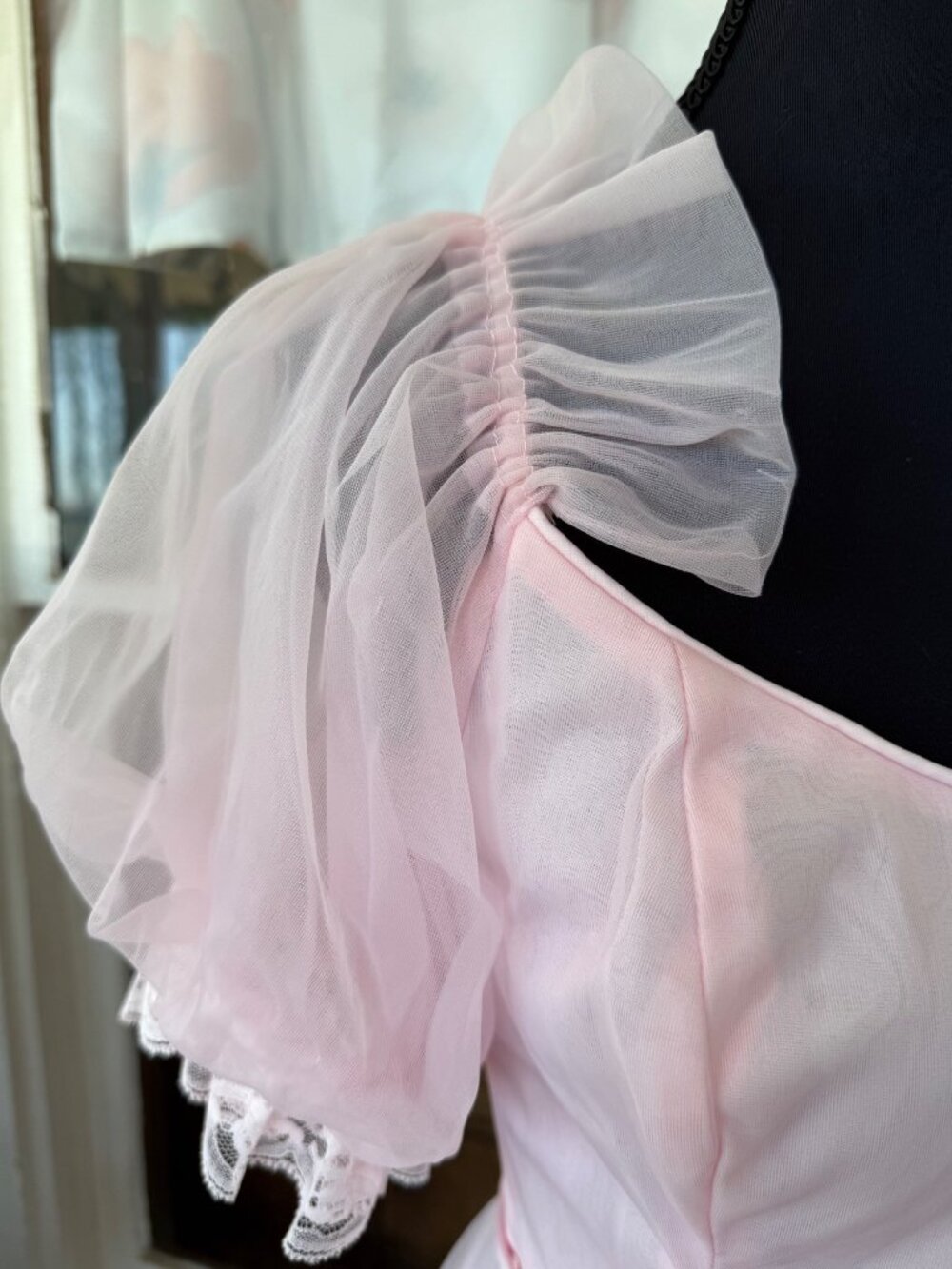 Vintage 80s Bubble Gum Pink Sheer Nylon & Lace Party Dress Balloon Sleeves Sz M - Picture 14 of 16
